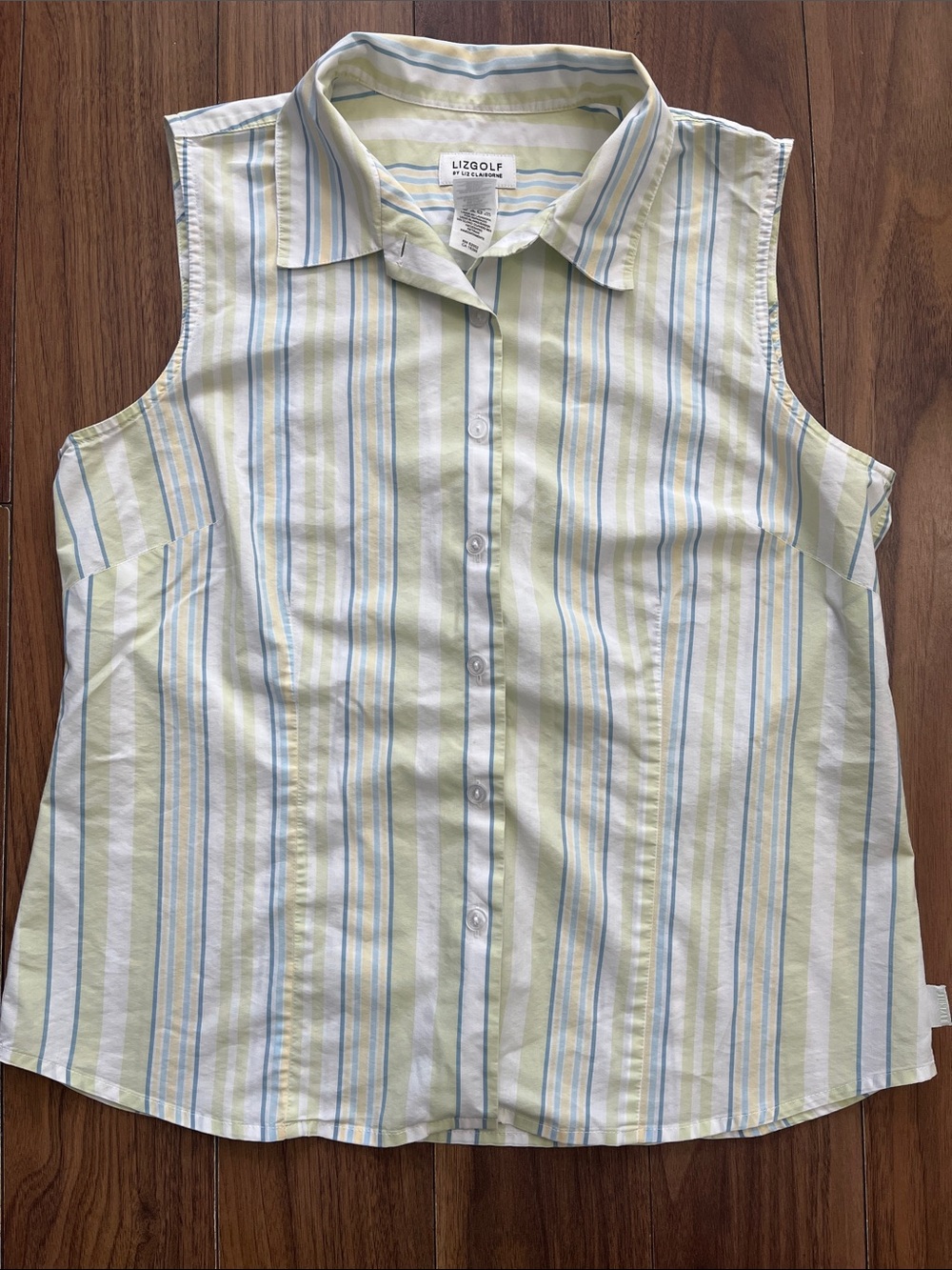 Lizgolf Sleeveless Button-Down Shirt in Light Green & Blue Stripe Size 10